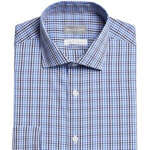 Michael Kors Slim Fit Travel Stretch Plaid Blue Mens Shirt Size L 16 1/2 34/35